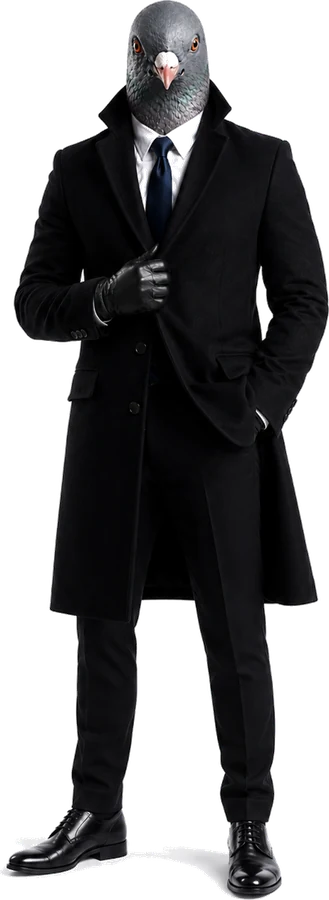 Don Palomo, la mascota de LaminaCel, con abrigo negro y corbata